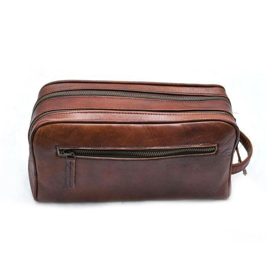 Brown Leather Toiletry Bag with Dual Zippers