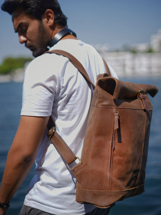 Brown Rolling Backpack from Genuine Leather