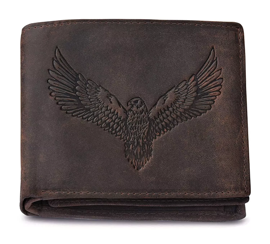 Men's Vintage Brown Leather Bifold Wallet with Eagle Embossing