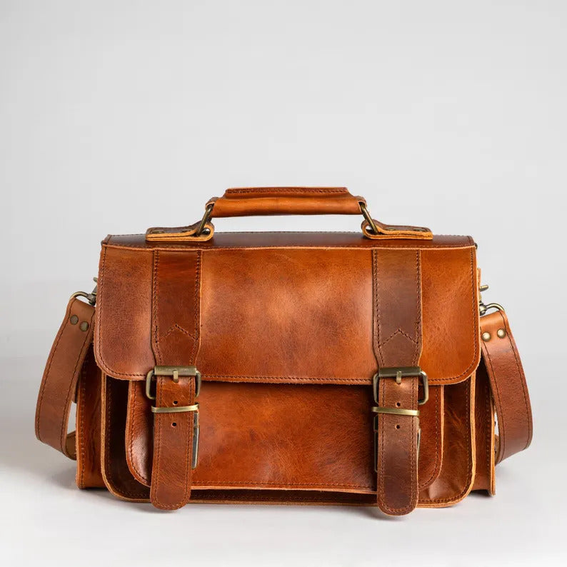 Vintage Brown Leather DSLR Camera Bag, Large Unisex Style