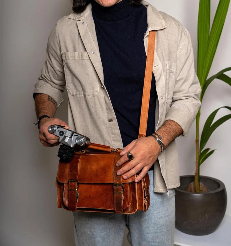 Vintage Brown Leather DSLR Camera Bag, Large Unisex Style