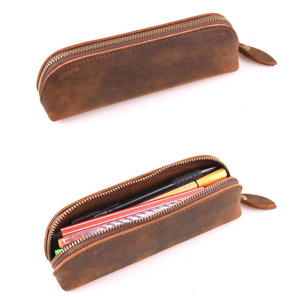 Vintage Genuine Leather Zipper Pen and Pencil Case Pouch Box