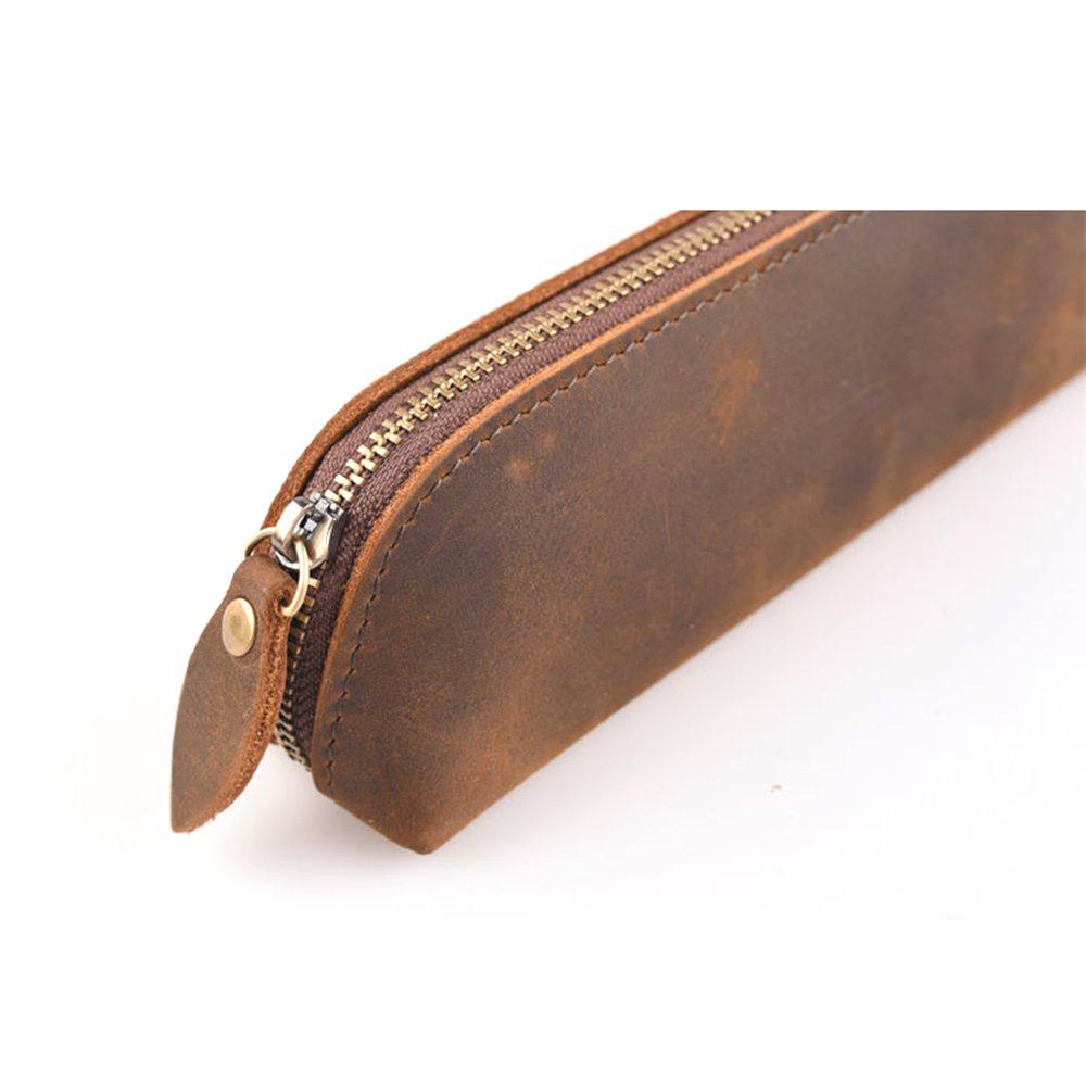 Vintage Genuine Leather Zipper Pen and Pencil Case Pouch Box