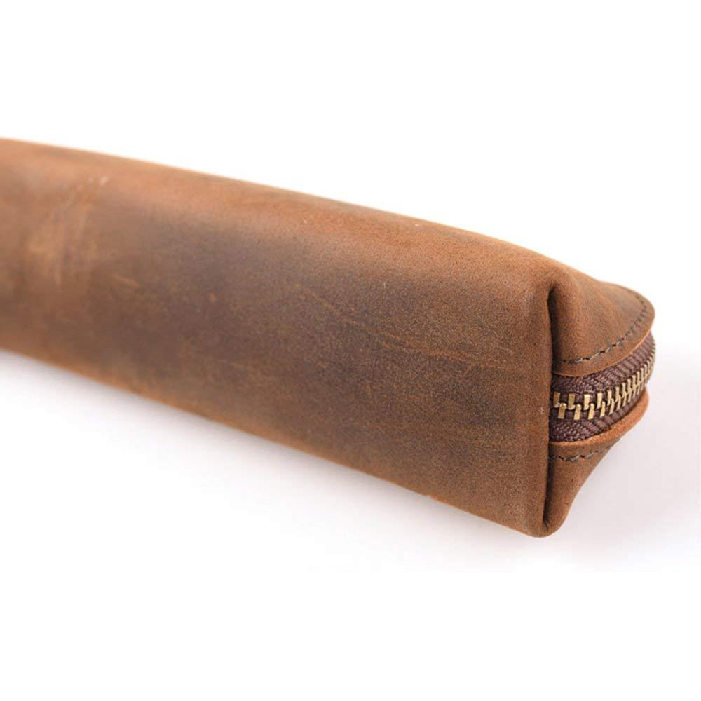 Vintage Genuine Leather Zipper Pen and Pencil Case Pouch Box